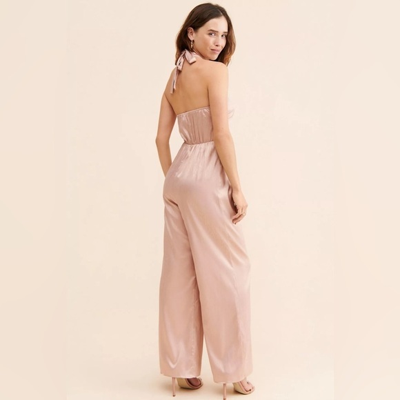 Anthro Du Paradis Cross-Neck Wide Leg Halter Champagne Satin Jumpsuit Sz L - Picture 2 of 10